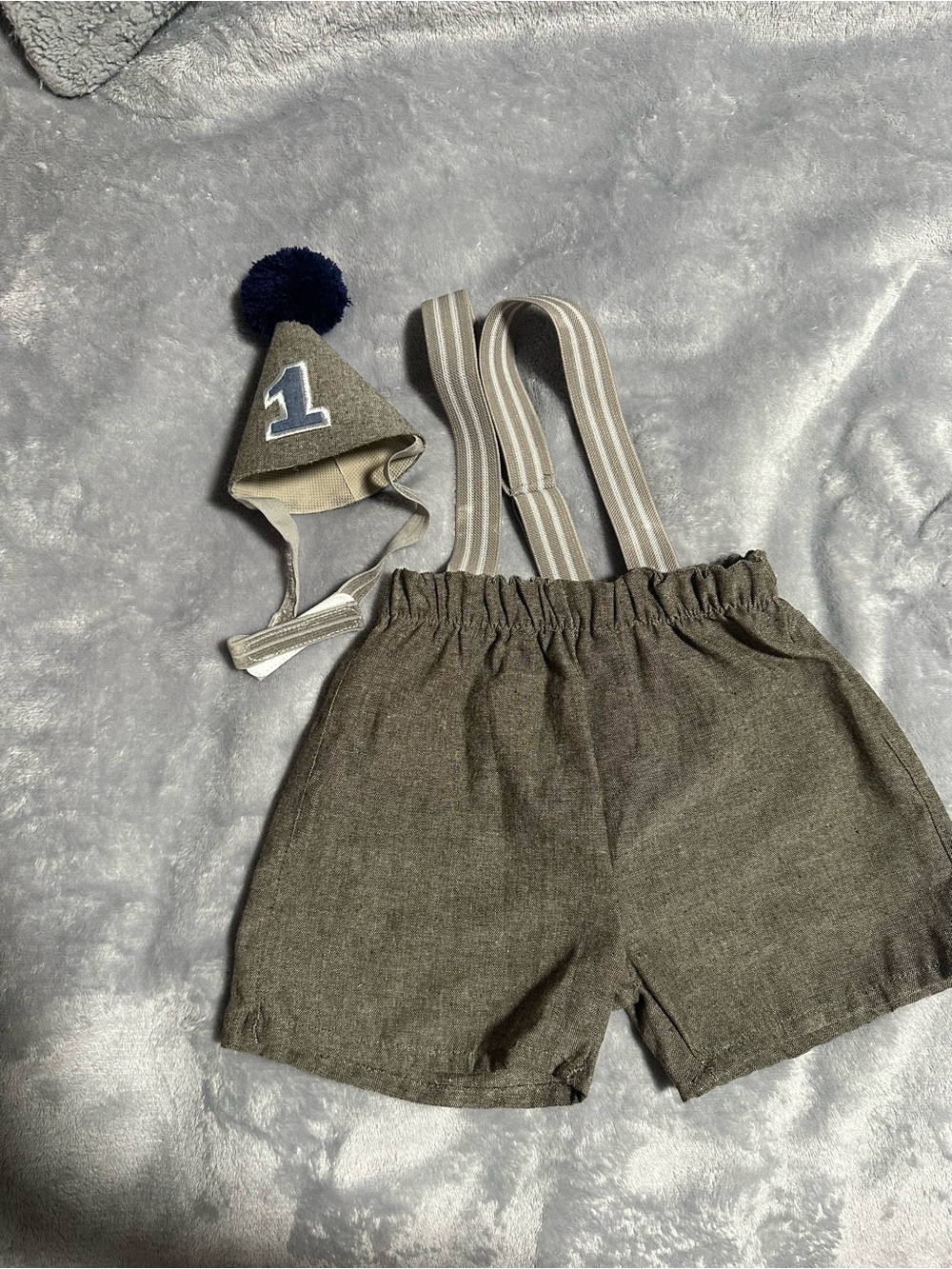 Kids Brown Suspender Shorts with Striped Straps and Pom Hat